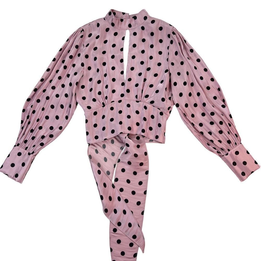Pre-Loved Deco Lux Open Back Blouse Long Sleeve Crop Top Purple Black Dots US S - Picture 4 of 14